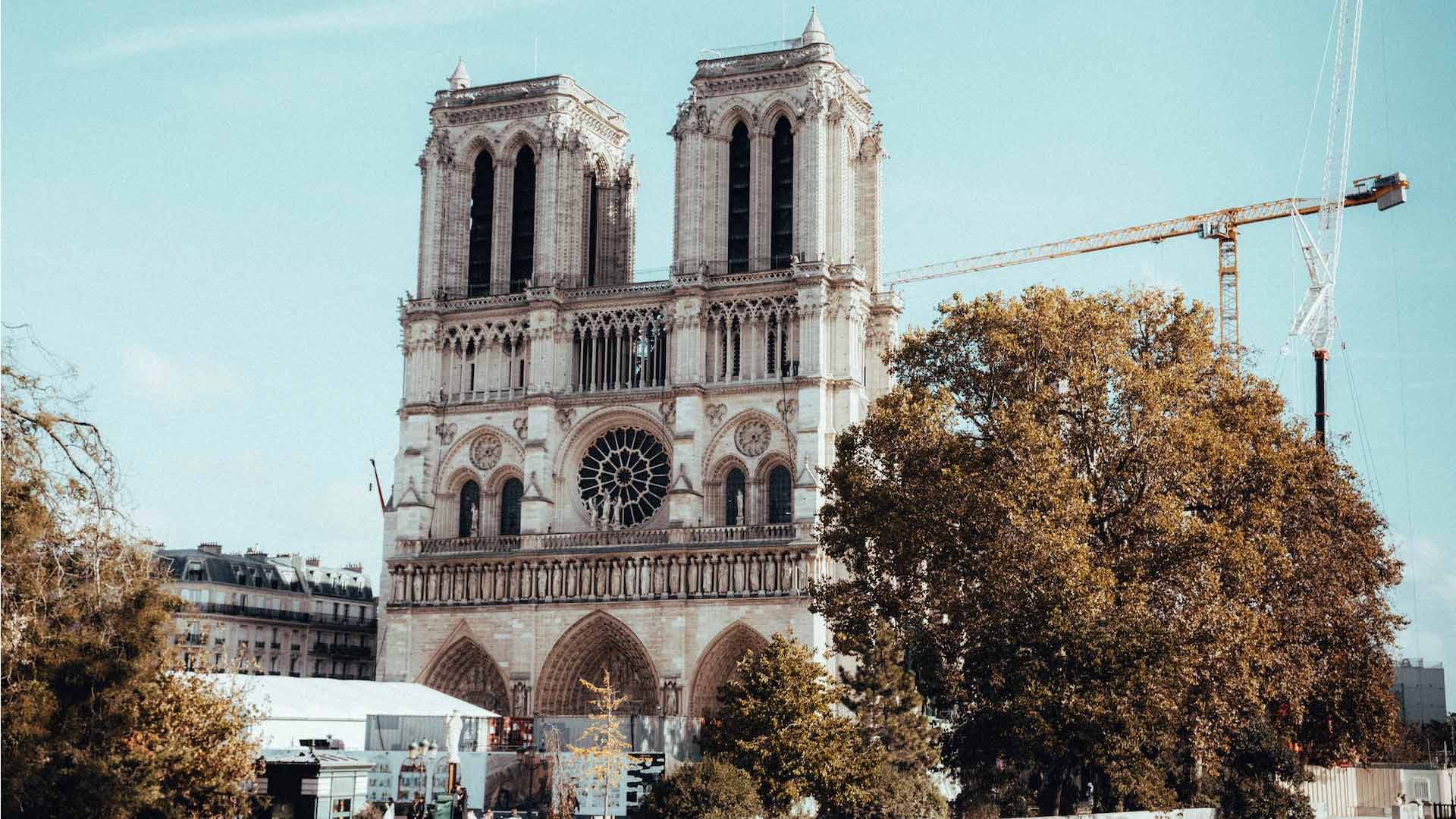 Notre Dame Cathedral with construction cranes in the background