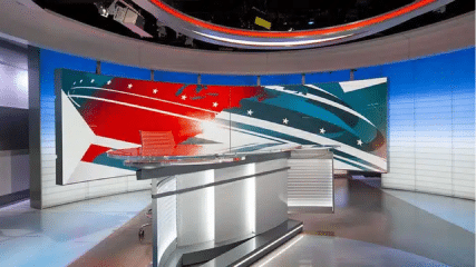 LED video wall displays on the set of a broadcast studio