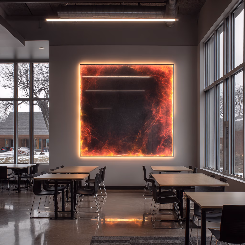 A large square shaped LED video wall in a shared workspace setting